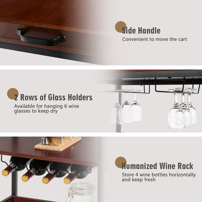 Kitchen Bar Cart with Wine Rack Glass Holder and Three Tier Storage Shelves