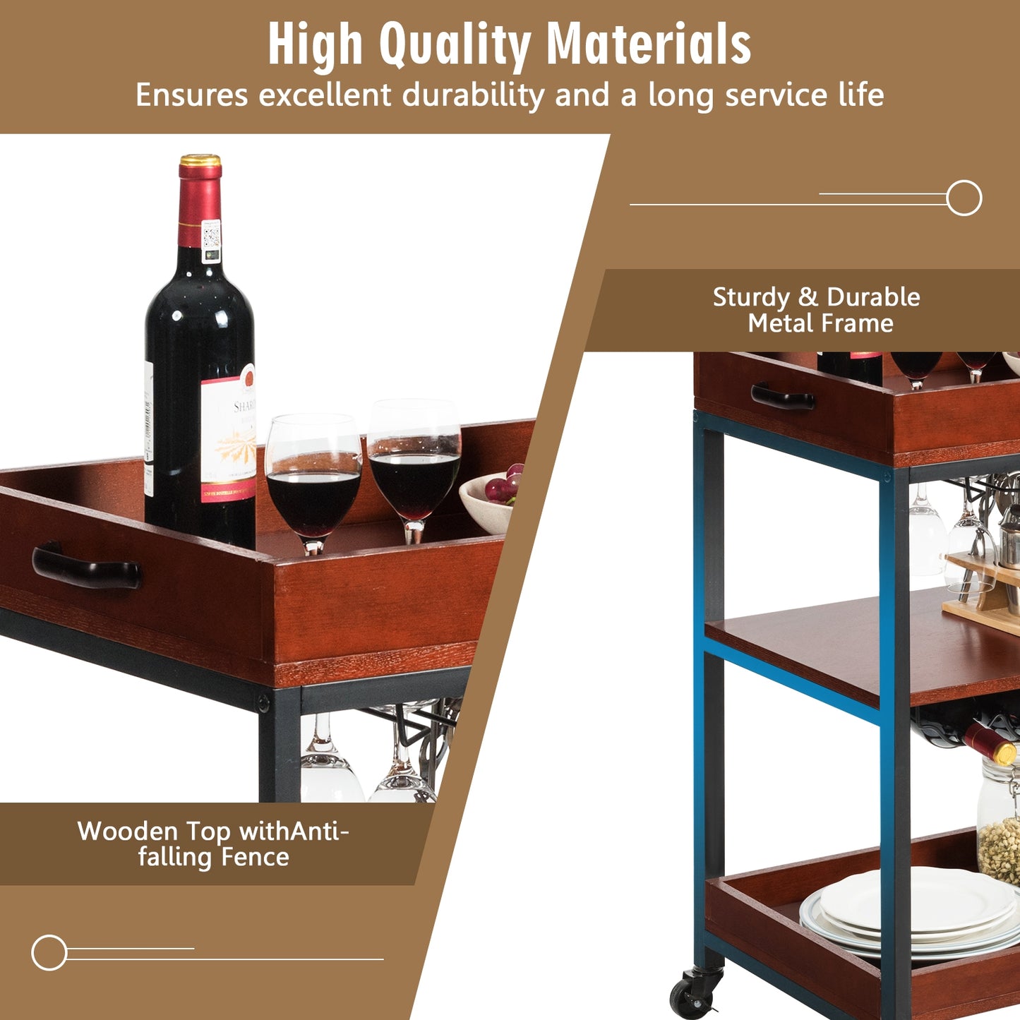 Kitchen Bar Cart with Wine Rack Glass Holder and Three Tier Storage Shelves