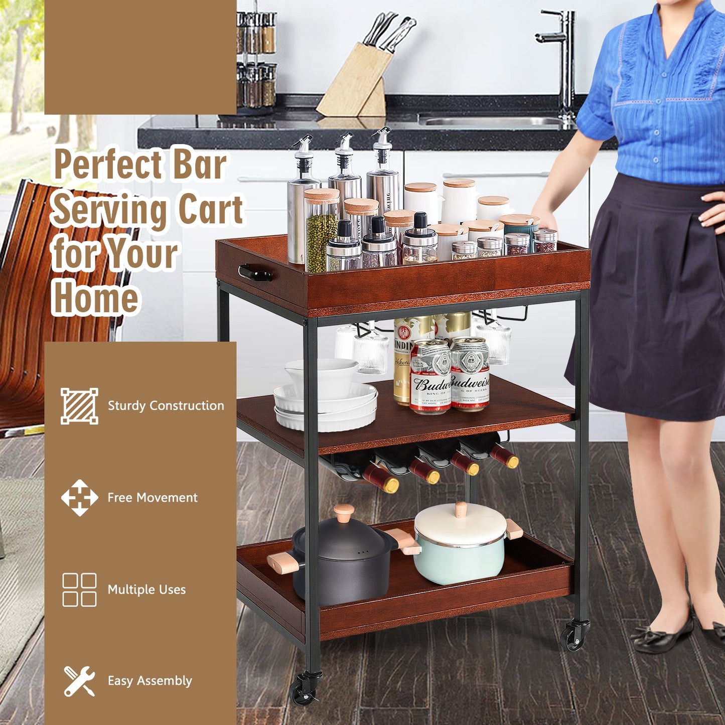Kitchen Bar Cart with Wine Rack Glass Holder and Three Tier Storage Shelves