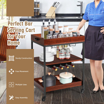 Kitchen Bar Cart with Wine Rack Glass Holder and Three Tier Storage Shelves