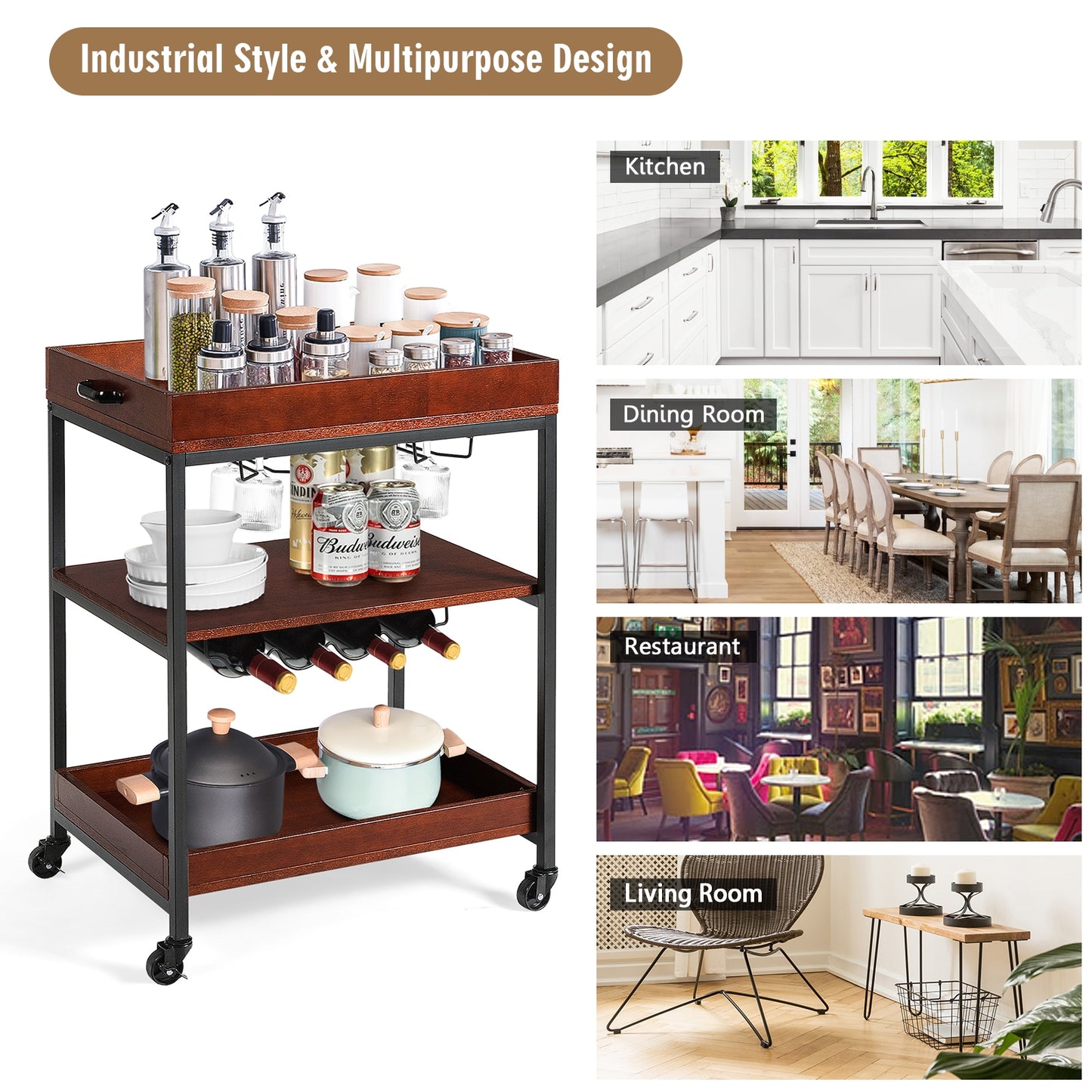 Kitchen Bar Cart with Wine Rack Glass Holder and Three Tier Storage Shelves