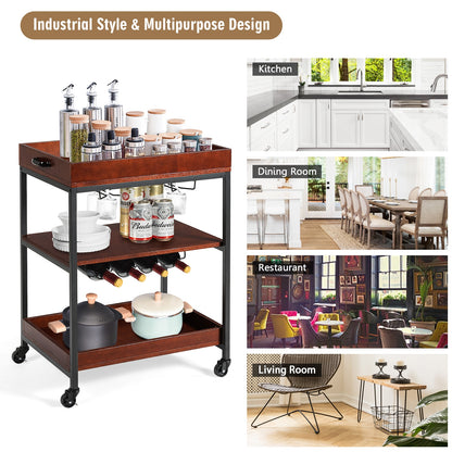 Kitchen Bar Cart with Wine Rack Glass Holder and Three Tier Storage Shelves