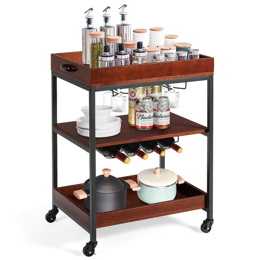 Kitchen Bar Cart with Wine Rack Glass Holder and Three Tier Storage Shelves