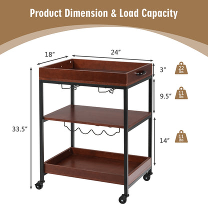 Kitchen Bar Cart with Wine Rack Glass Holder and Three Tier Storage Shelves