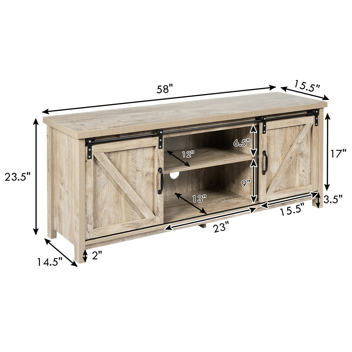 Sliding Barn Door TV Stand and Media Console Cabinet with Storage for TVs up to 65 Inches - Grey