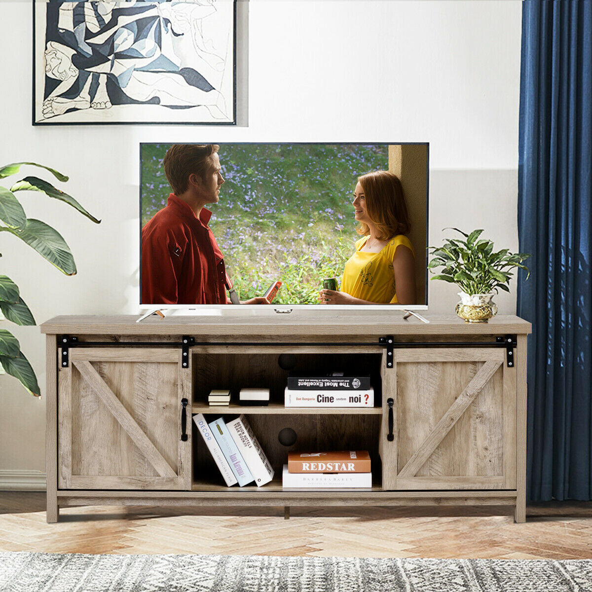 Sliding Barn Door TV Stand and Media Console Cabinet with Storage for TVs up to 65 Inches - Grey