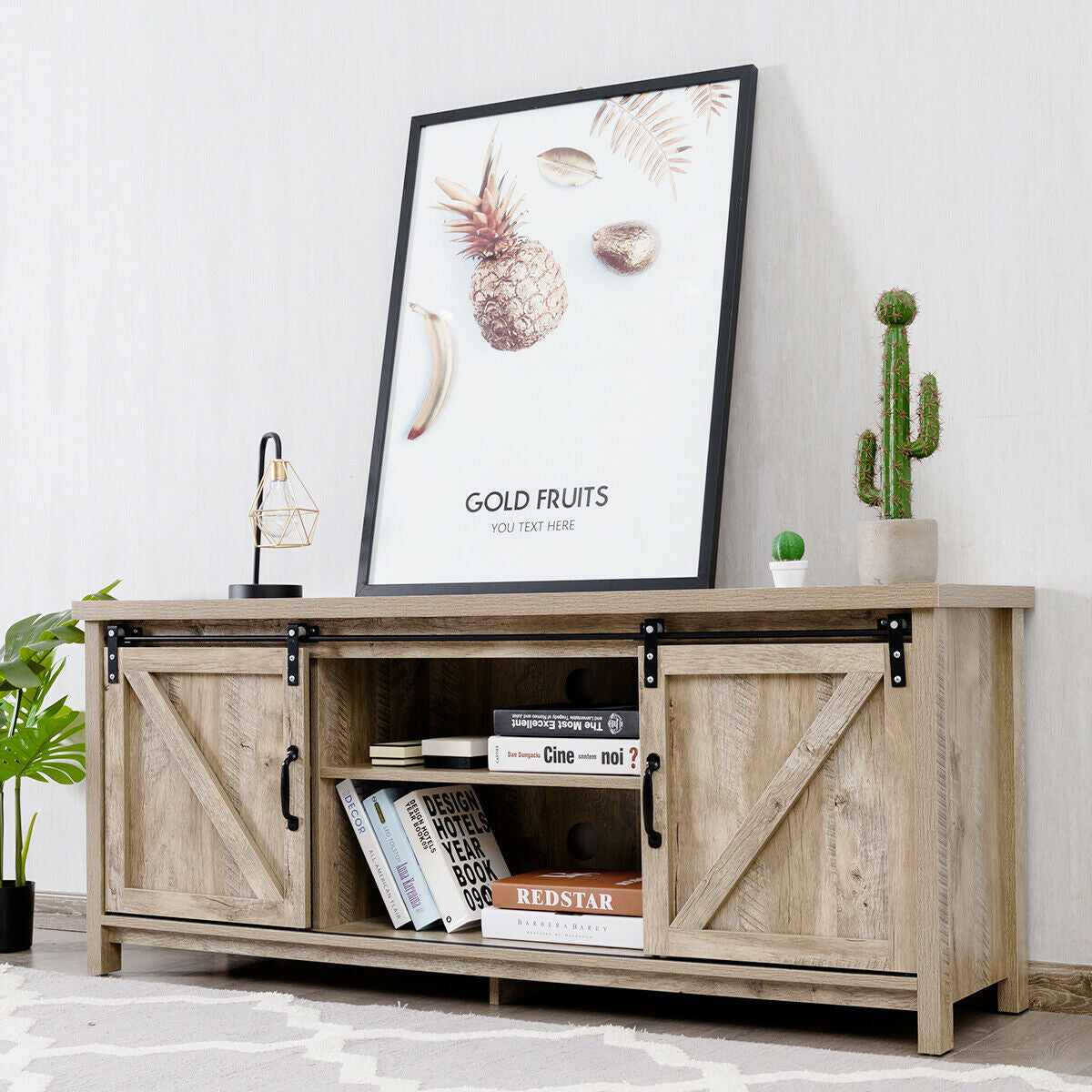 Sliding Barn Door TV Stand and Media Console Cabinet with Storage for TVs up to 65 Inches - Grey