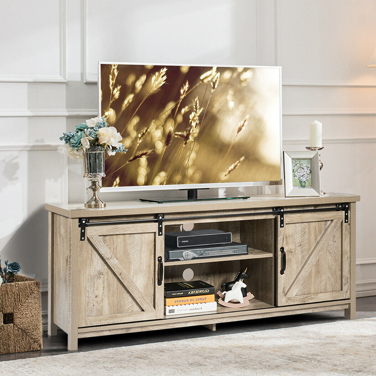 Sliding Barn Door TV Stand and Media Console Cabinet with Storage for TVs up to 65 Inches - Grey