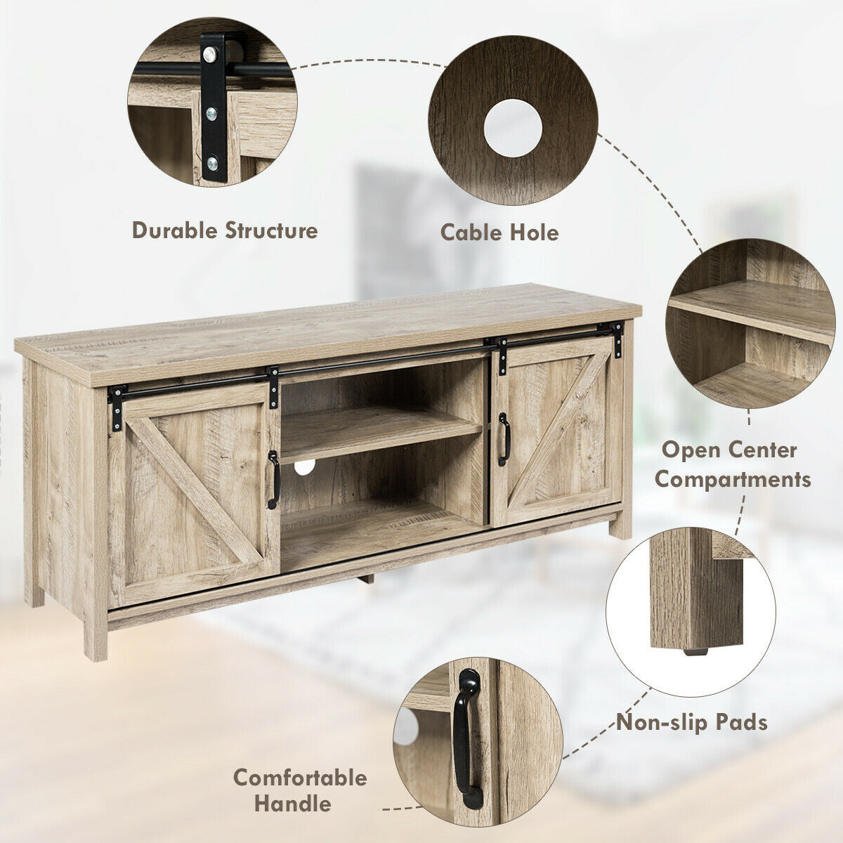 Sliding Barn Door TV Stand and Media Console Cabinet with Storage for TVs up to 65 Inches - Grey