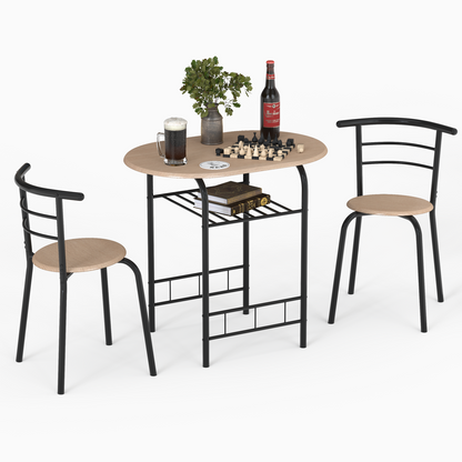 Modern 3 Piece Dining Set with Wine Rack and Two Chairs for Small Kitchen or Apartment - Natural