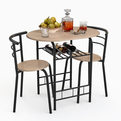 Modern 3 Piece Dining Set with Wine Rack and Two Chairs for Small Kitchen or Apartment - Natural