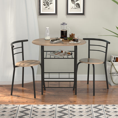 Modern 3 Piece Dining Set with Wine Rack and Two Chairs for Small Kitchen or Apartment - Natural