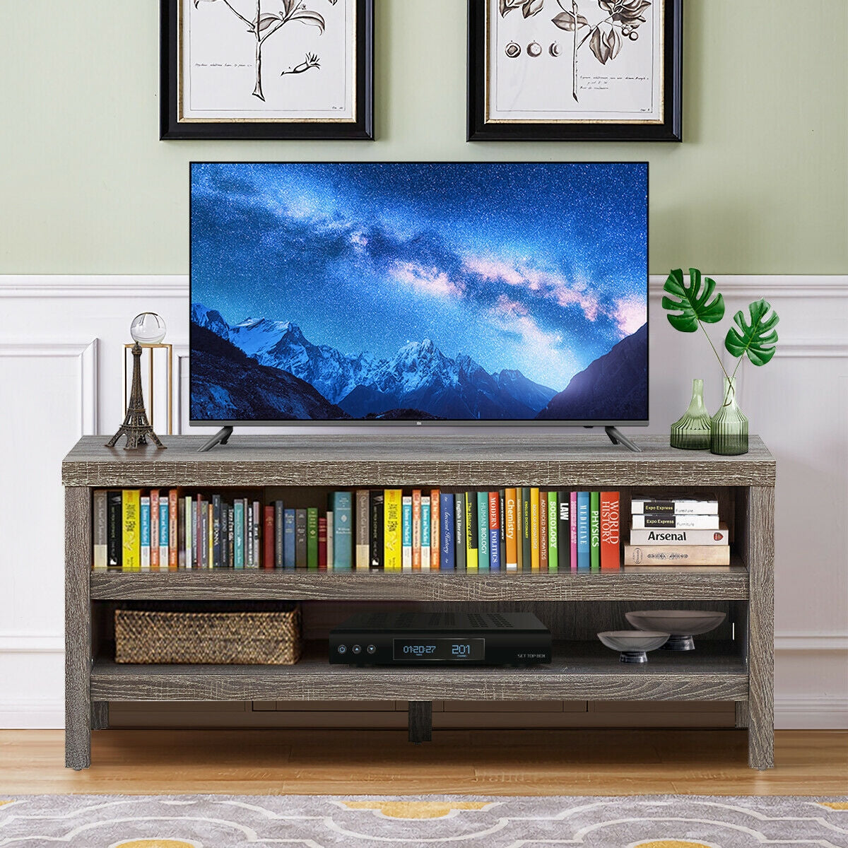 Mid Century Style TV Console with Open Shelves for 45 Inch TVs - Grey