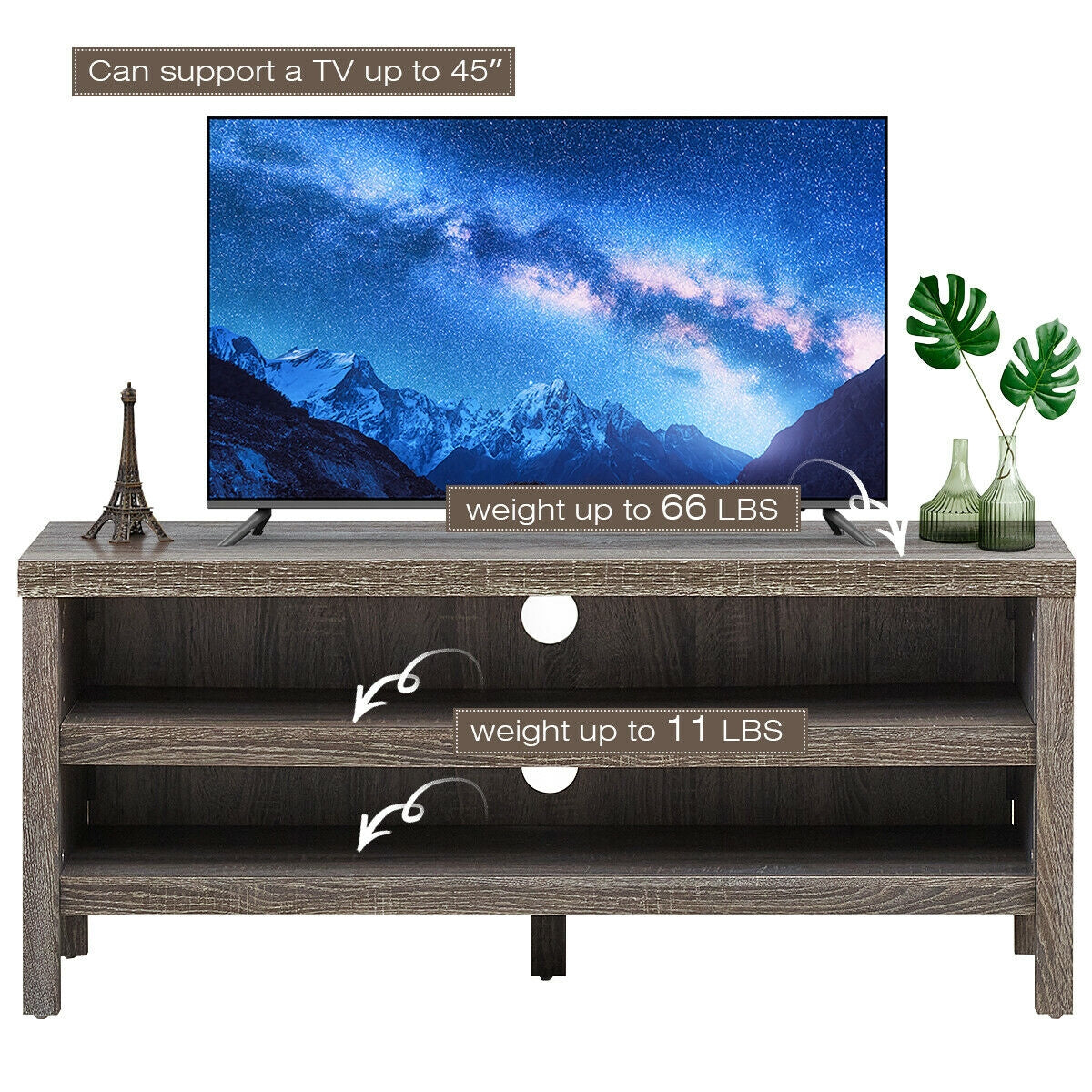 Mid Century Style TV Console with Open Shelves for 45 Inch TVs - Grey