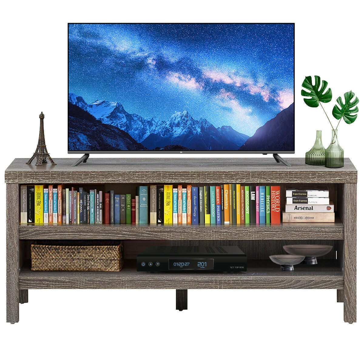 Mid Century Style TV Console with Open Shelves for 45 Inch TVs - Grey