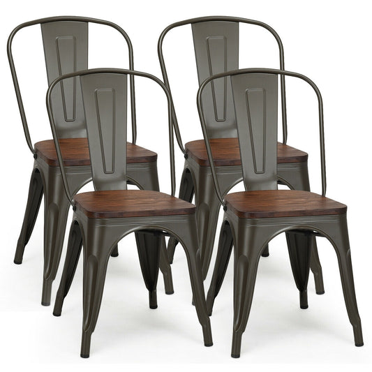 Set of 4 Stackable Metal and Wood Dining Chairs 18 Inch Seat Height - Gunmetal