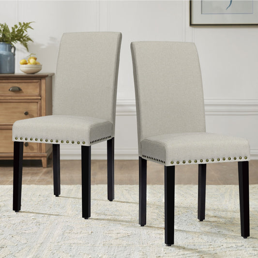 Set of 2 Stylish Upholstered Dining Chairs with Nailhead Accents - Beige