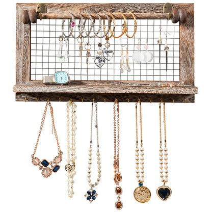 Decorative Wood Wall Jewelry Rack with Mesh Hooks and Removable Rod for Bracelets and Accessories