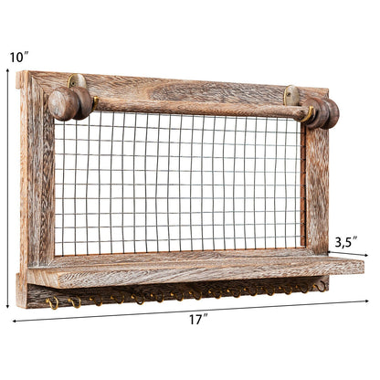 Decorative Wood Wall Jewelry Rack with Mesh Hooks and Removable Rod for Bracelets and Accessories