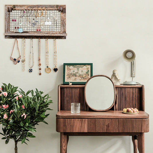 Decorative Wood Wall Jewelry Rack with Mesh Hooks and Removable Rod for Bracelets and Accessories