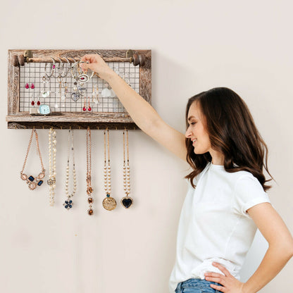 Decorative Wood Wall Jewelry Rack with Mesh Hooks and Removable Rod for Bracelets and Accessories