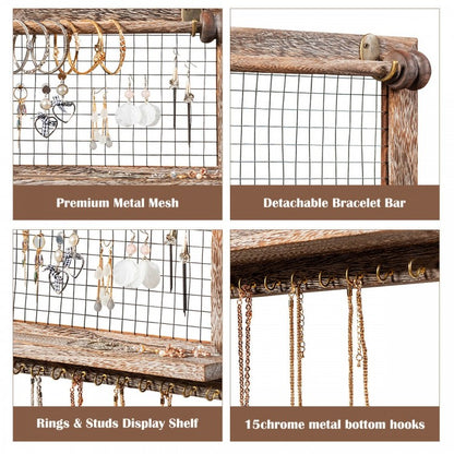 Decorative Wood Wall Jewelry Rack with Mesh Hooks and Removable Rod for Bracelets and Accessories