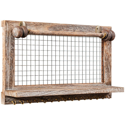 Decorative Wood Wall Jewelry Rack with Mesh Hooks and Removable Rod for Bracelets and Accessories