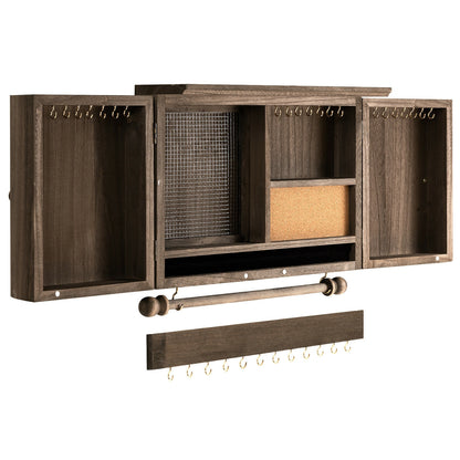 Barn Door Jewelry Organizer Wall Mounted Rustic Wood Cabinet with Hooks Mesh and Rod for Jewelry Storage