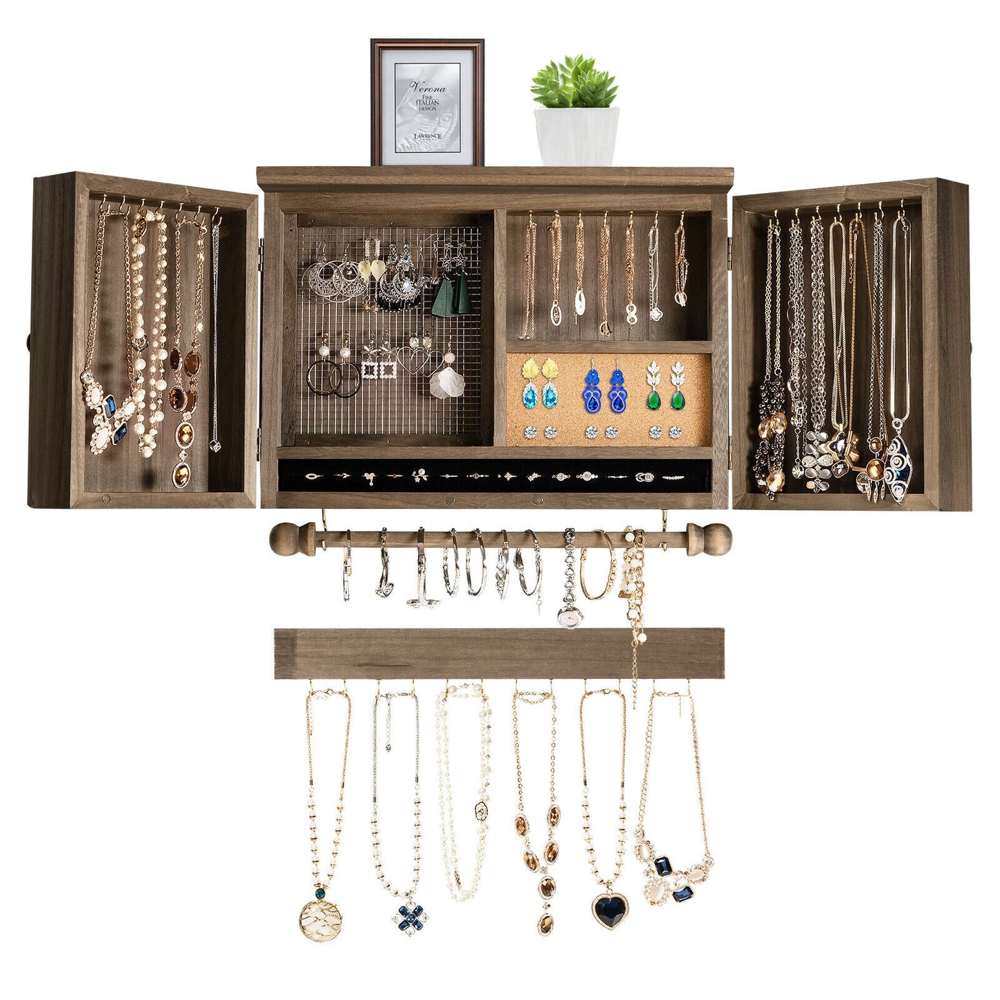 Barn Door Jewelry Organizer Wall Mounted Rustic Wood Cabinet with Hooks Mesh and Rod for Jewelry Storage