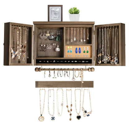 Barn Door Jewelry Organizer Wall Mounted Rustic Wood Cabinet with Hooks Mesh and Rod for Jewelry Storage