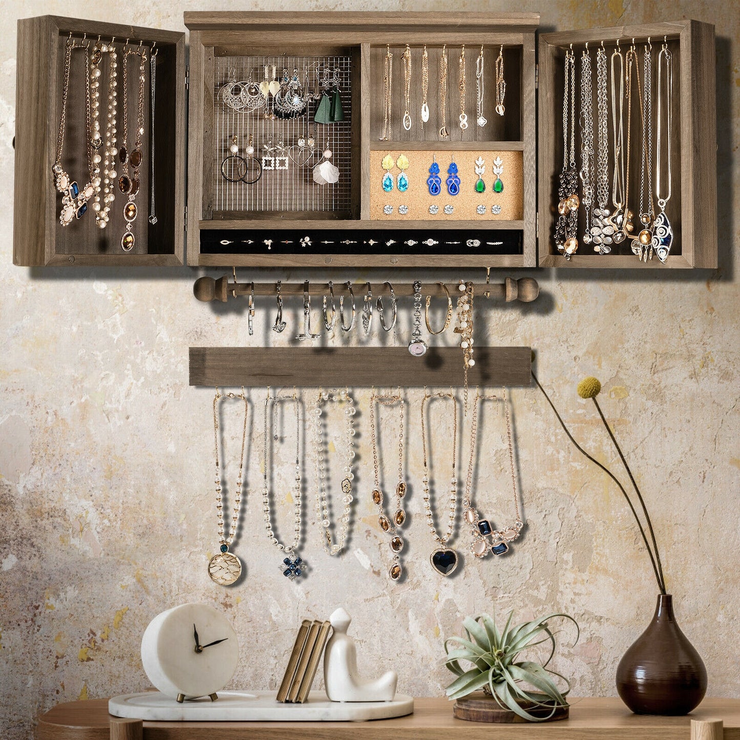 Barn Door Jewelry Organizer Wall Mounted Rustic Wood Cabinet with Hooks Mesh and Rod for Jewelry Storage