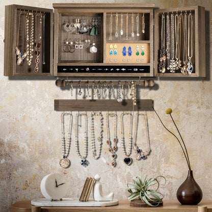 Barn Door Jewelry Organizer Wall Mounted Rustic Wood Cabinet with Hooks Mesh and Rod for Jewelry Storage