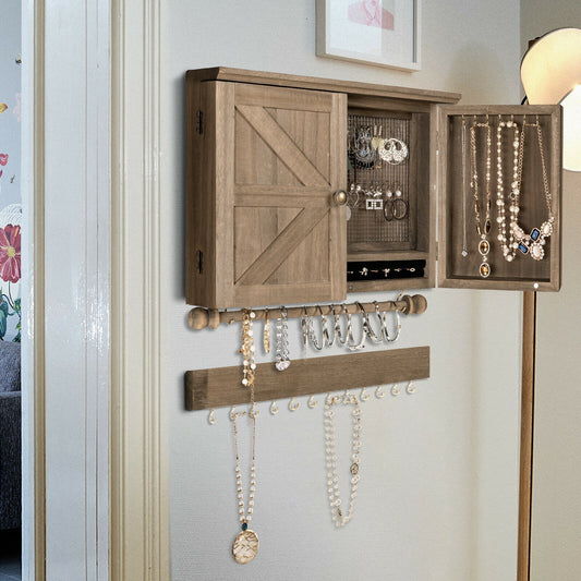 Barn Door Jewelry Organizer Wall Mounted Rustic Wood Cabinet with Hooks Mesh and Rod for Jewelry Storage