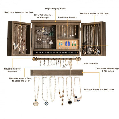 Barn Door Jewelry Organizer Wall Mounted Rustic Wood Cabinet with Hooks Mesh and Rod for Jewelry Storage