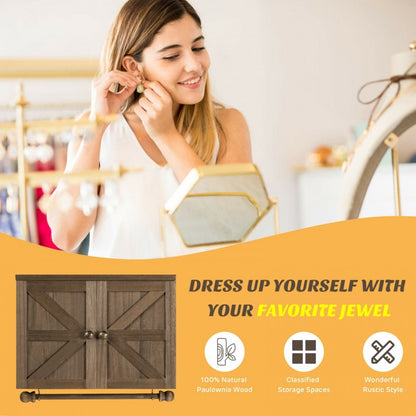 Barn Door Jewelry Organizer Wall Mounted Rustic Wood Cabinet with Hooks Mesh and Rod for Jewelry Storage