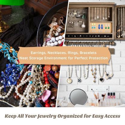 Barn Door Jewelry Organizer Wall Mounted Rustic Wood Cabinet with Hooks Mesh and Rod for Jewelry Storage
