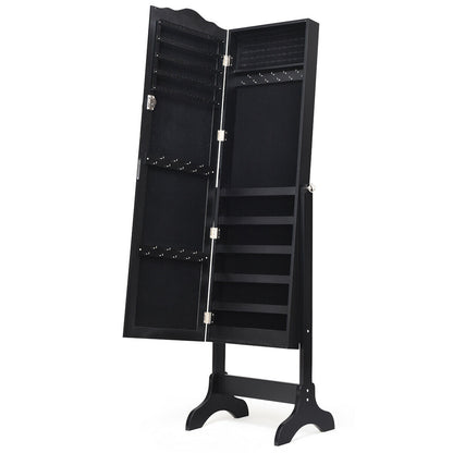 Freestanding Lockable Jewelry Armoire with Full-Length Mirror and Velvet-Lined Storage Organizer – Black