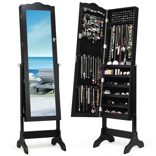 Freestanding Lockable Jewelry Armoire with Full-Length Mirror and Velvet-Lined Storage Organizer – Black