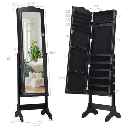 Freestanding Lockable Jewelry Armoire with Full-Length Mirror and Velvet-Lined Storage Organizer – Black