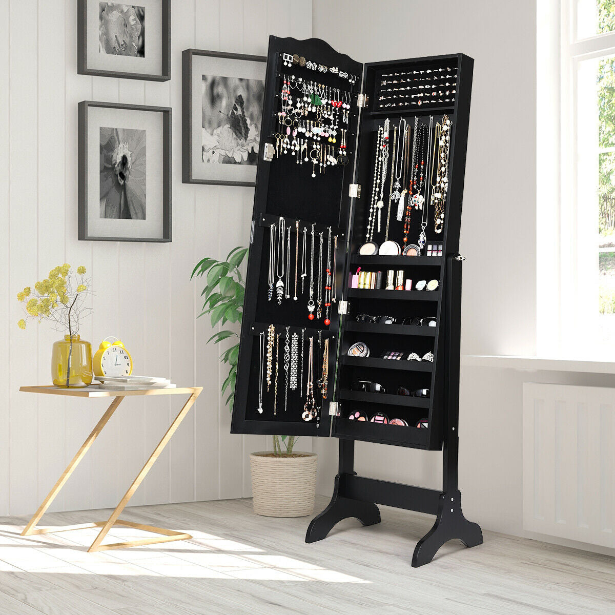 Freestanding Lockable Jewelry Armoire with Full-Length Mirror and Velvet-Lined Storage Organizer – Black