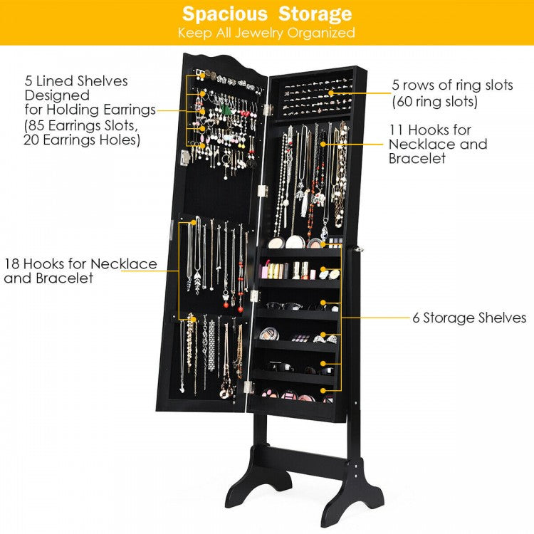 Freestanding Lockable Jewelry Armoire with Full-Length Mirror and Velvet-Lined Storage Organizer – Black