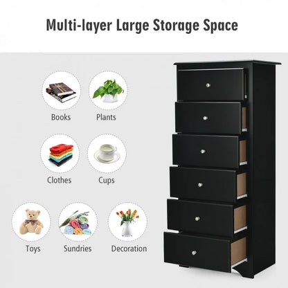 Modern 6 Drawer Bedroom Dresser Cabinet with Vertical Storage – Black