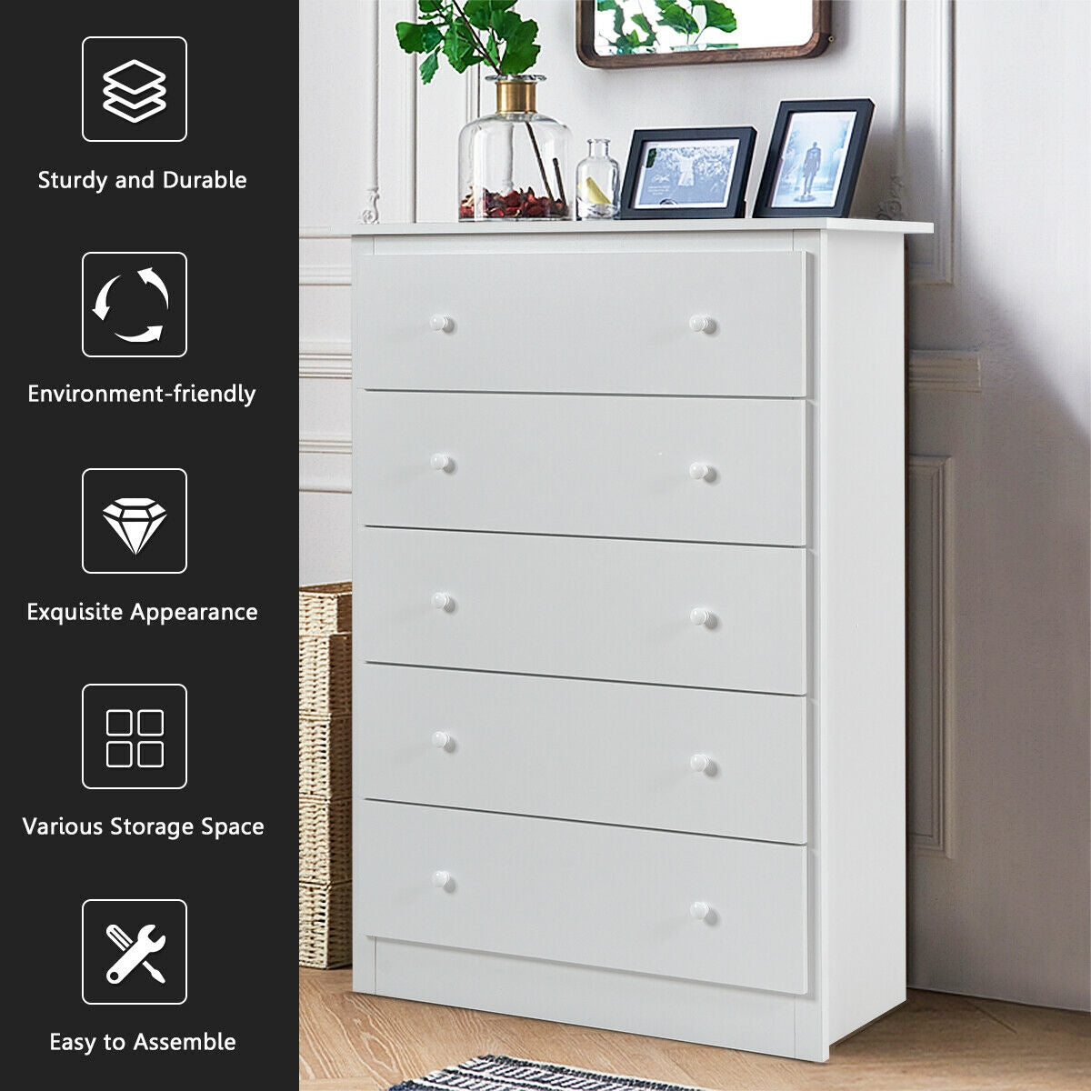 Modern 5-Drawer Vertical Dresser Cabinet – White