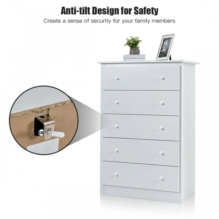 Modern 5-Drawer Vertical Dresser Cabinet – White