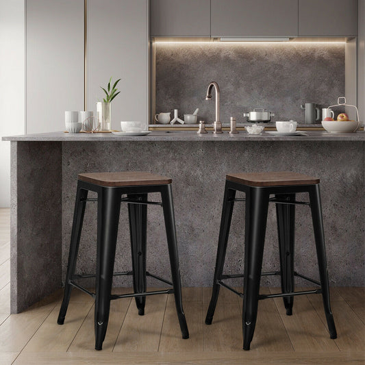 Set of 2 Modern Counter Height Stools with Natural Wooden Seat