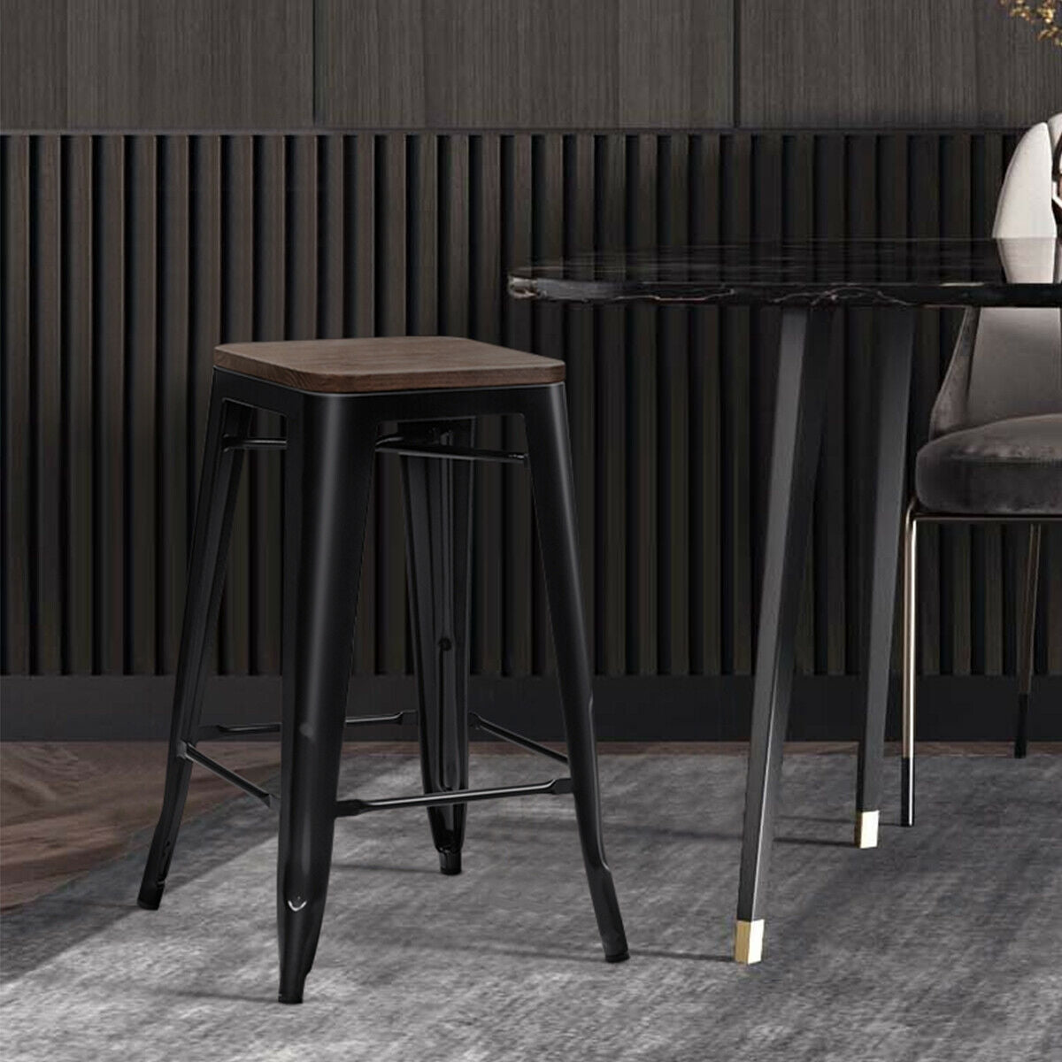 Set of 2 Modern Counter Height Stools with Natural Wooden Seat