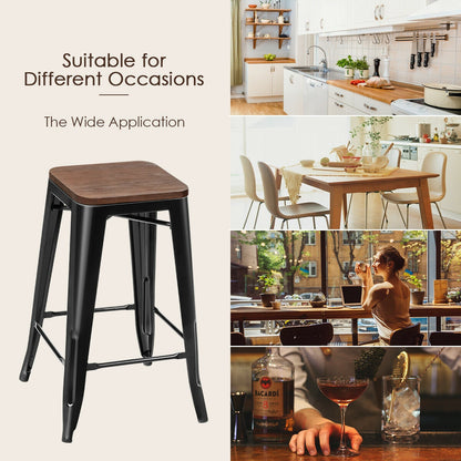Set of 2 Modern Counter Height Stools with Natural Wooden Seat