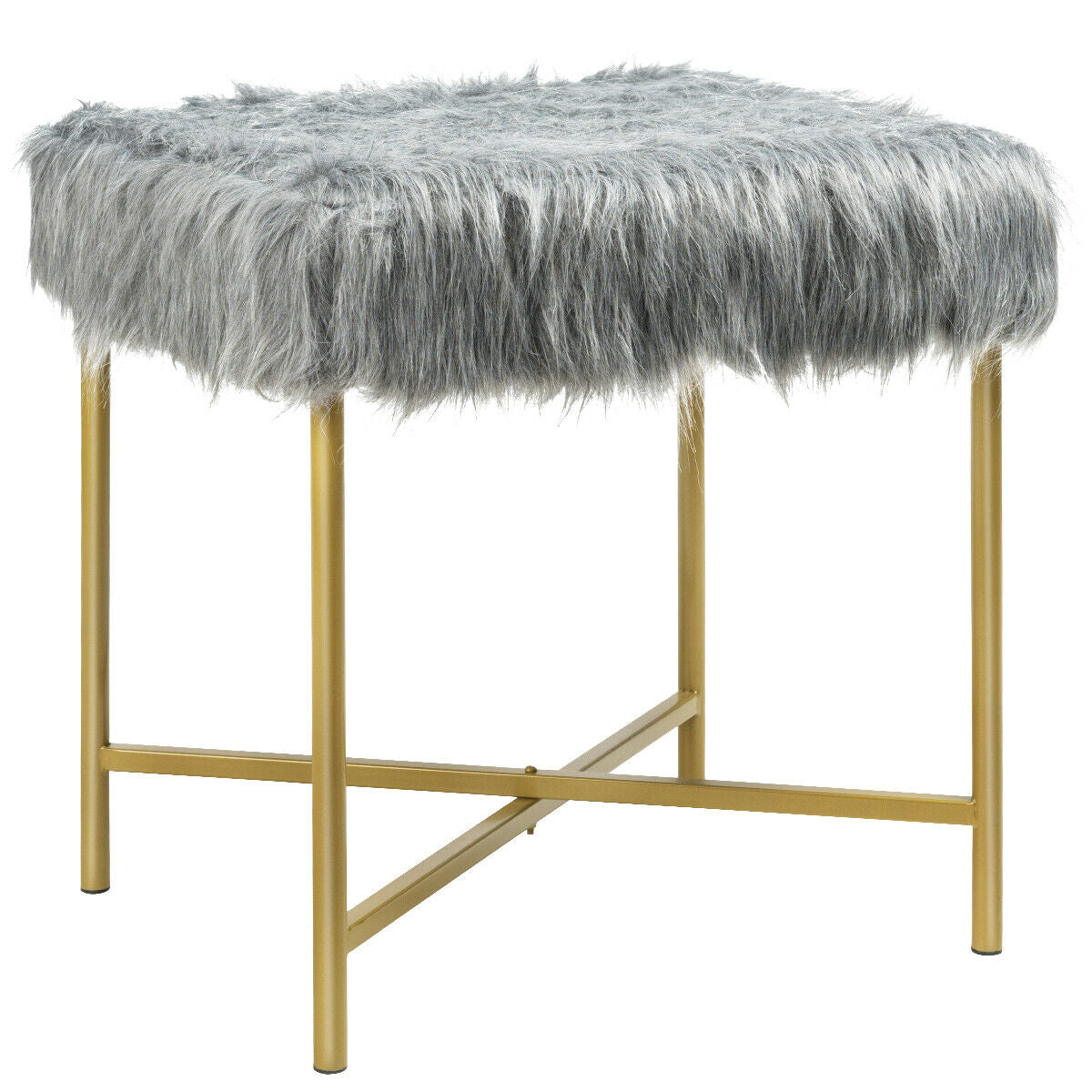 Elegant Ottoman with Gold Metal Legs and Faux Fur Upholstery - Grey