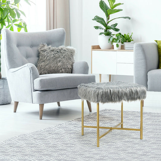 Elegant Ottoman with Gold Metal Legs and Faux Fur Upholstery - Grey