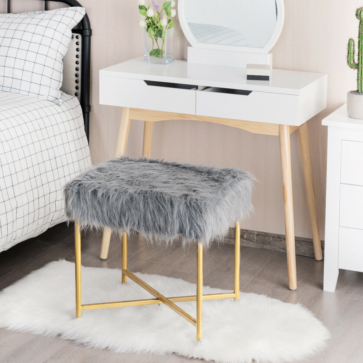 Elegant Ottoman with Gold Metal Legs and Faux Fur Upholstery - Grey